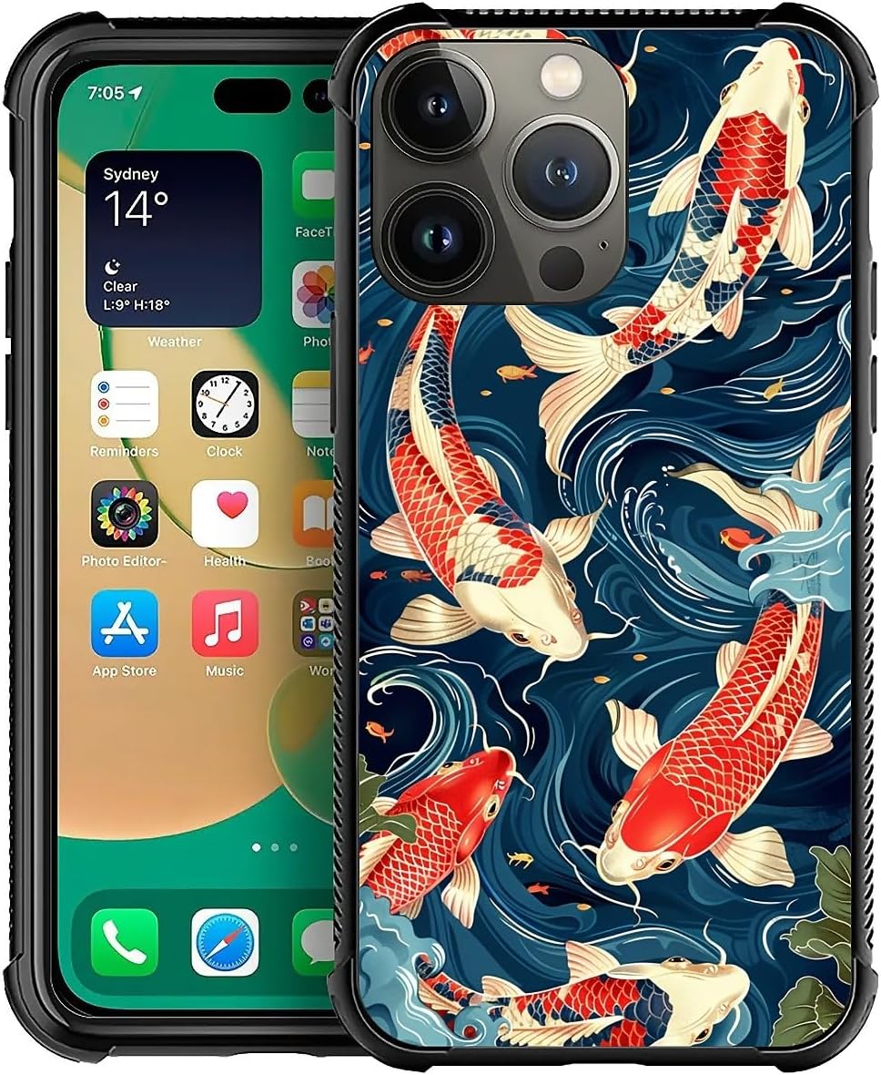 WANKBLC for iPhone 14 Pro Case, Shockproof Protective for Man Women Non-Slip for iPhone 14 Pro Colorful Oil Painting Koi Fish Crazy Pattern