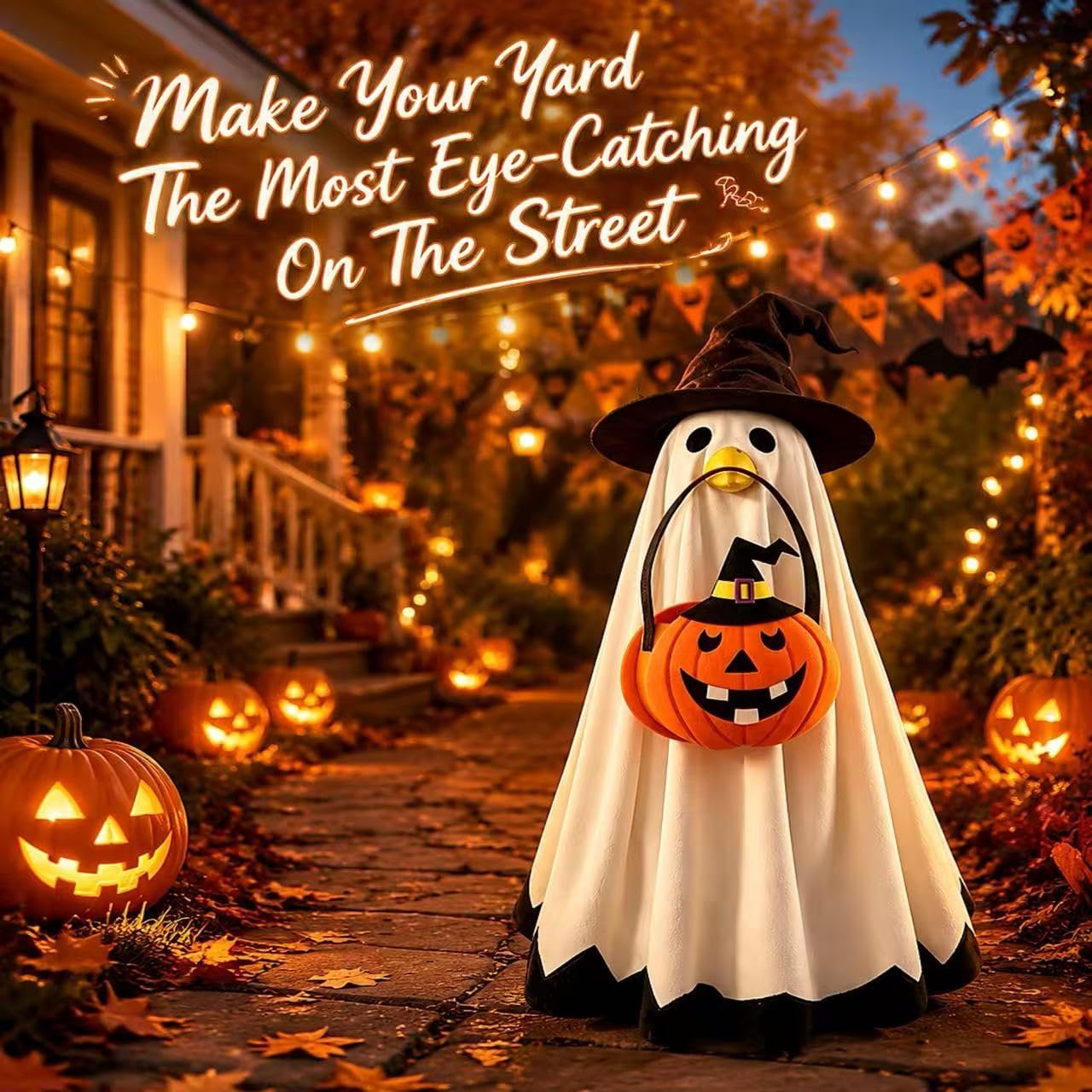 Ghost Halloween Porch Goose Outfit Witch Hat 23" Lawn Goose