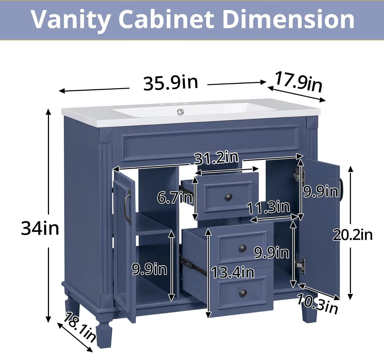 36" Bathroom Vanity with 3 Hole Ceramic Sink and Mirror Cabinet Combo, Wood Freestanding Single Basin Vanity Set with Storage Shelves Drawers Doors, Blue