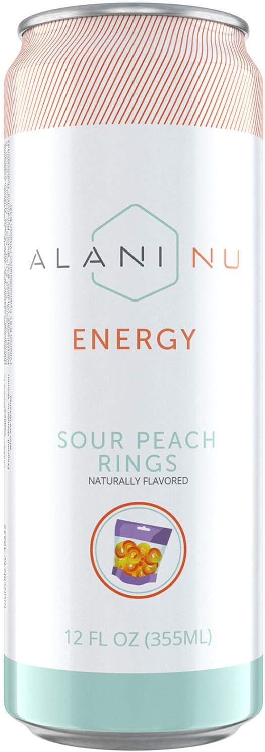 Alani Nu Sugar-Free Energy Drink, Pre-Workout Performance, Sour Peach Rings, 12 oz Cans (Pack of 12)