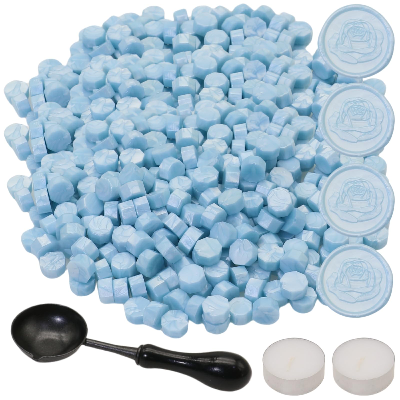 300Pcs Wax Seal Beads Set with Non-Slip Melt Spoon and Candles, Light Blue Sealing Wax Pellets Bead Great for Seals Stamp, Wedding Invitations, Xmas Gift, Envelope Seal (Light Blue)