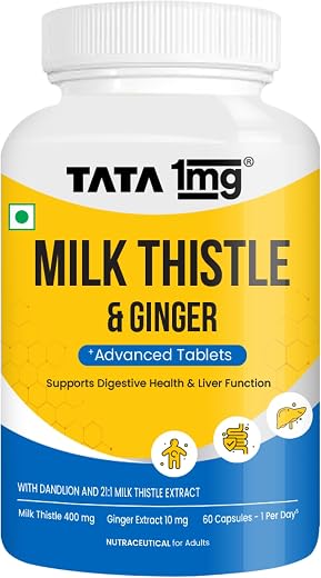 Tata 1mg Milk Thistle Liver Detox Capsules (Veg) - 60 Count | Liver Health Supplement with 70% Silymarin, Dandelion &amp; Ging...