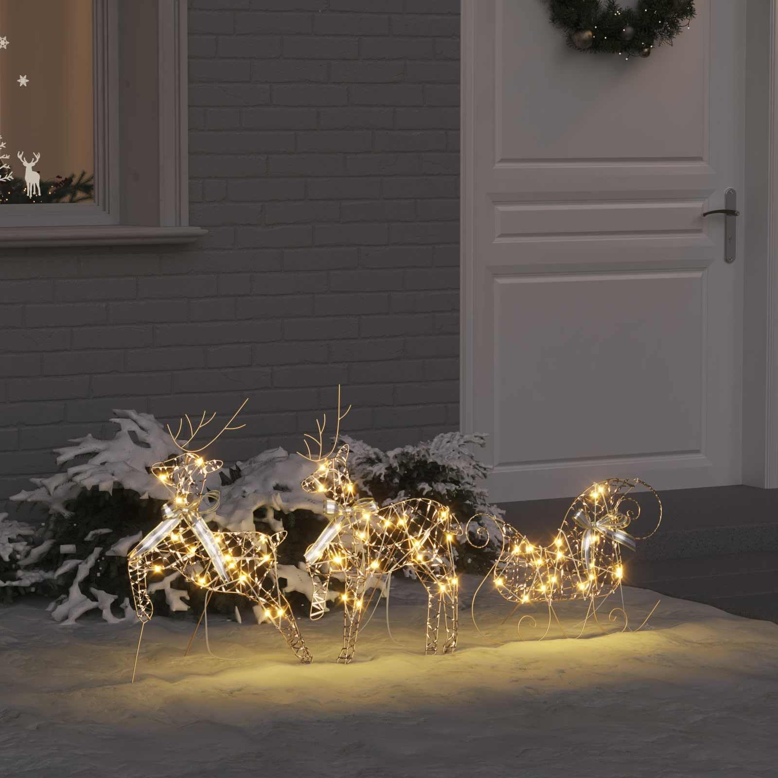 LED Rentiere mit 60 LEDs warmes Weiß, 3-teiliges Set aus PET, 44,5 x 18 x 66 cm, Weihnachtsbaumschmuck Figur für Wohnzimmer, geschützte Außenbereiche, Festliche Adventsdekoration