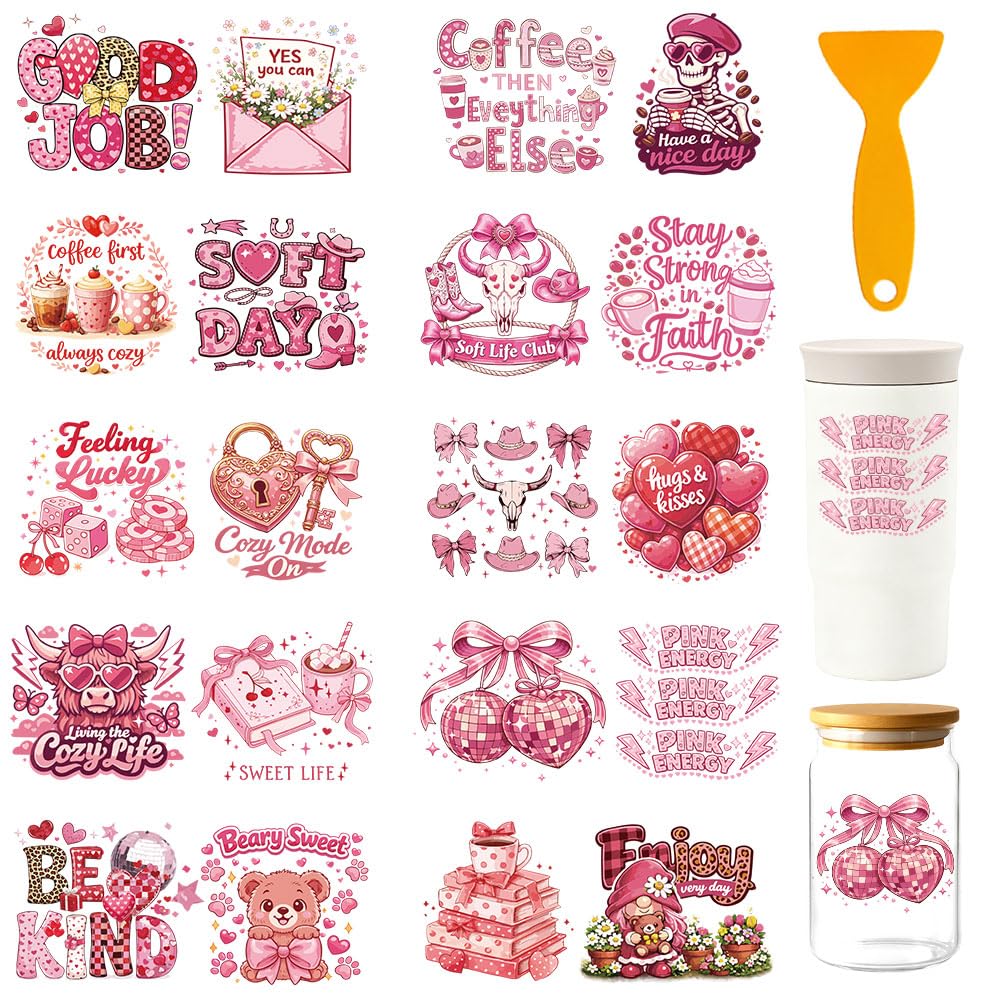 GOMAKERER 20 Pcs Pink Theme UV DTF Cup Wraps, 10 Sheets Pink Vibes Cup Transfer Stickers Waterproof Rub on Transfer Reusable DIY Vinyl Decals for Glass Cups Furniture