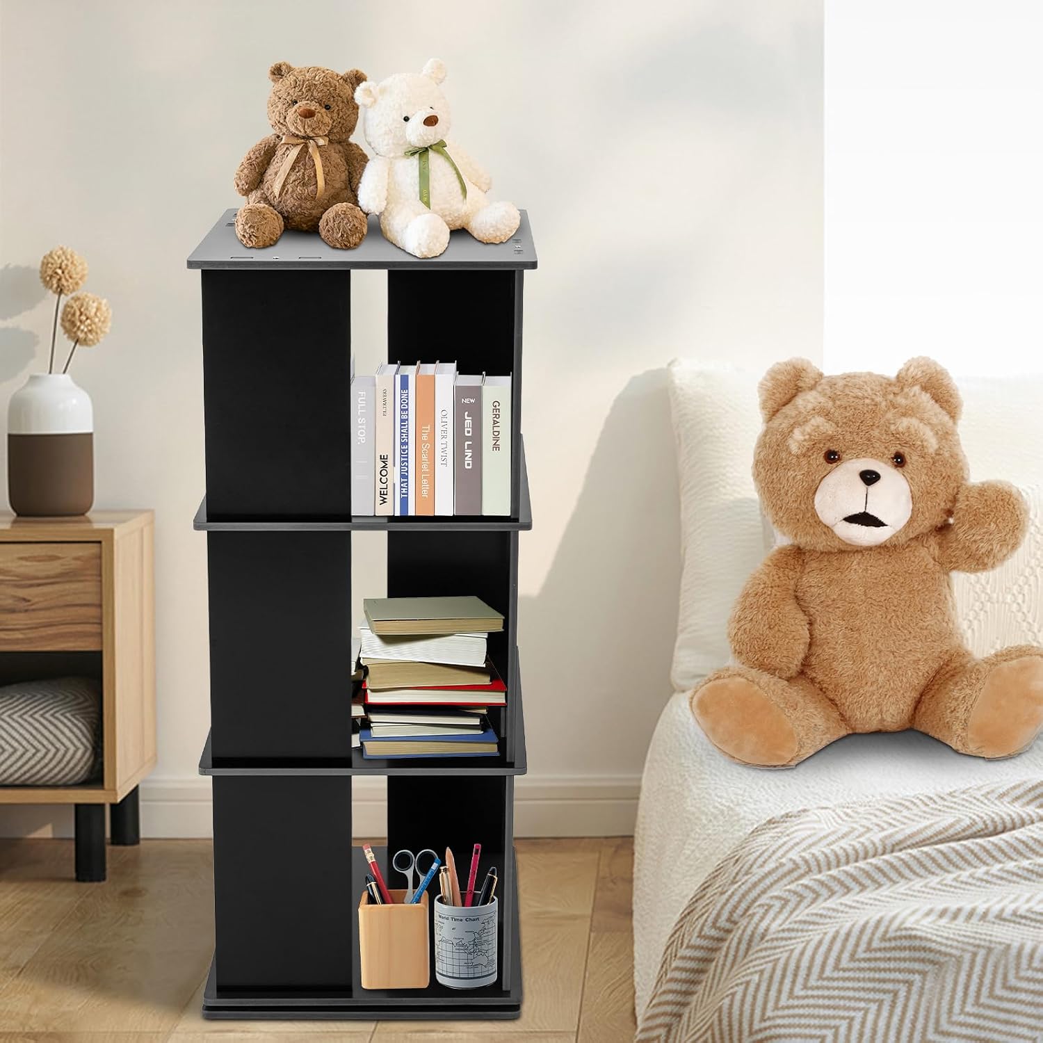 3 Tier Rotating Bookshelf Tower 360 Display Floor Standing Bookcase Spinning Bookshelf, Swivel Book Shelf Rotating Organizer Revolving Bookcase Black