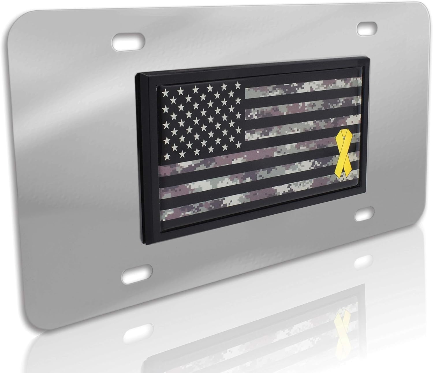 Elektroplate Support Our Troops USA Yellow Ribbon All-Metal Stainless Steel Decorative Front Plate with 3D Emblem | Weatherproof Automotive Accessory for Cars, SUVs, Trucks (12" x 6")