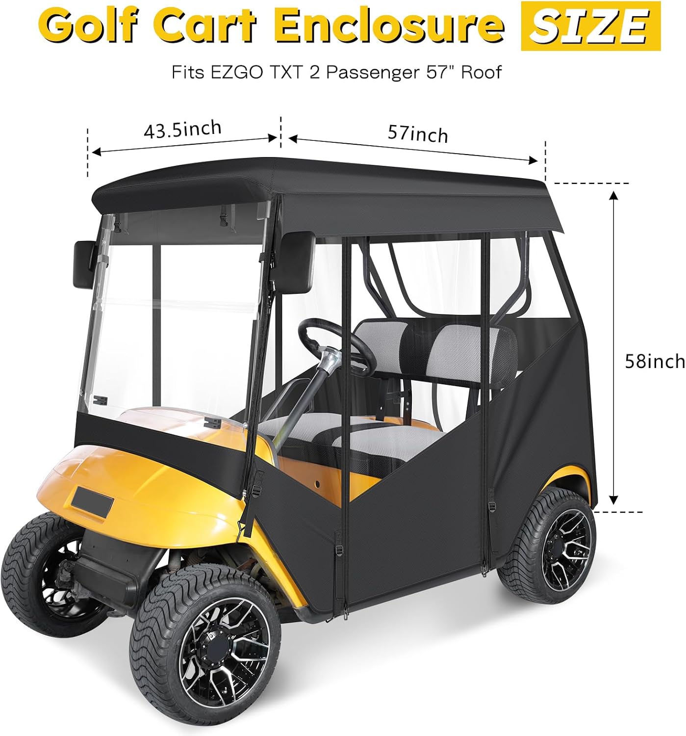 Golf Cart Enclosure 2 Passenger for EZGO TXT 2 Seater 57" Roof 4-Sided Clear Windows Full Roll-up Door Waterproof Transparent Driving Rain Cover Black