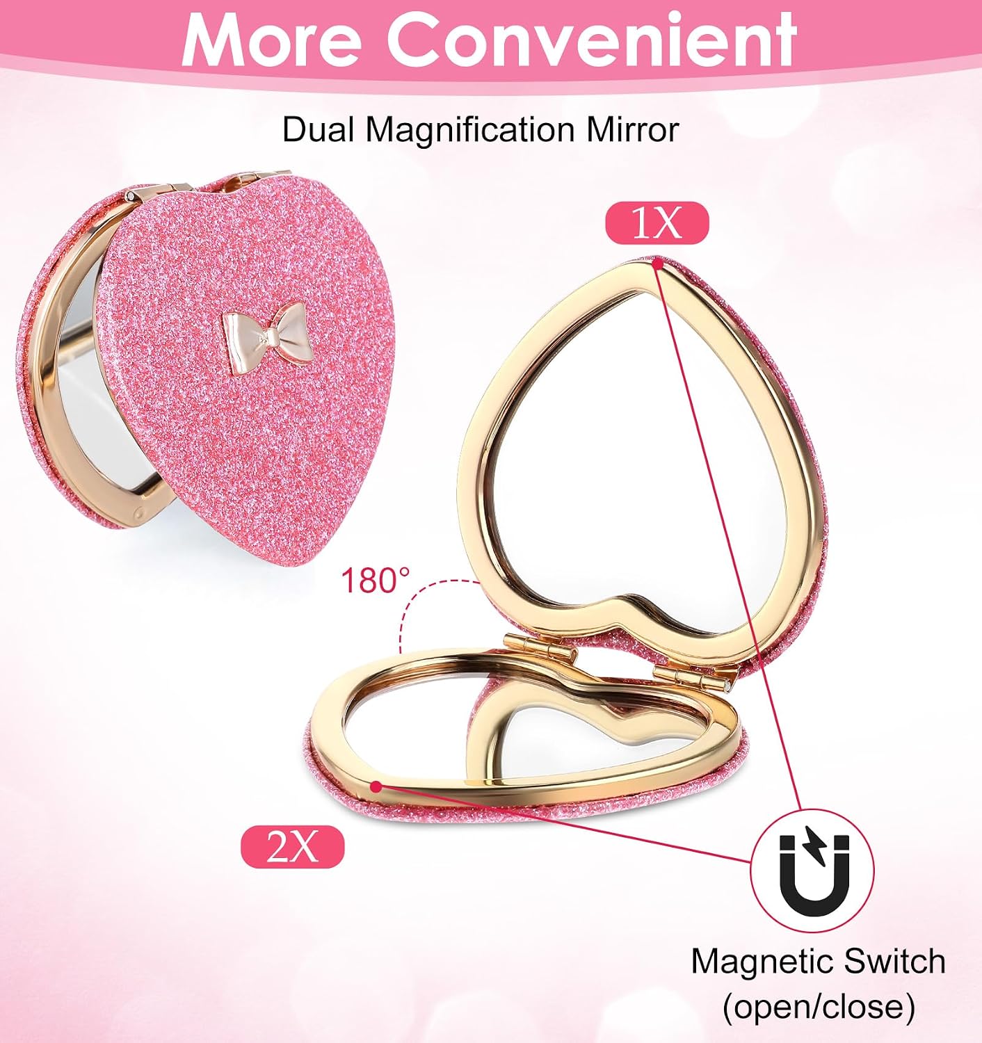 Pink Compact Mirror, 1Pcs Double-Sided Folding Heart Compact Mirror for Girls Women with Magnifying (3 Inch)