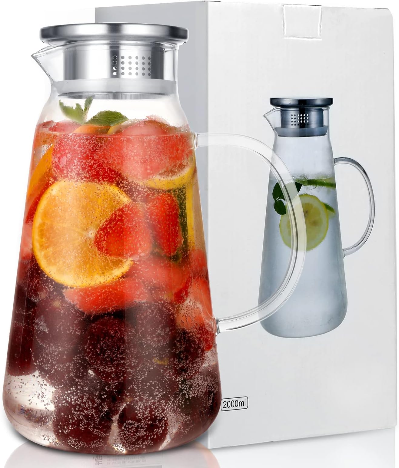 MAVGV Glass Pitcher, 68oz Water Pitcher with Lid and Precise Scale Line, 18/8 Stainless Steel Iced Tea Pitcher, Easy Clean Heat Resistant Borosilicate Glass Jug for Juice, Milk, Cold or Hot Beverages