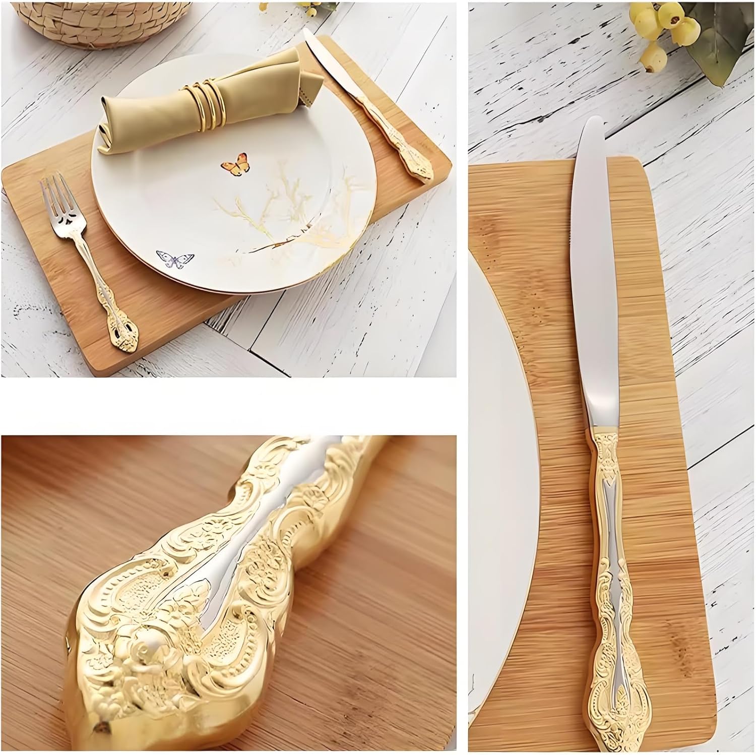 Gold Silverware Set 20 Piece Flatware Cutlery Set Service for 4,18/10 Stainless Steel Michelangelo Gold Accent Handle Mirror Polished Dishwasher Safe Luxury Utensil Sets for Home Kitchen Wedding