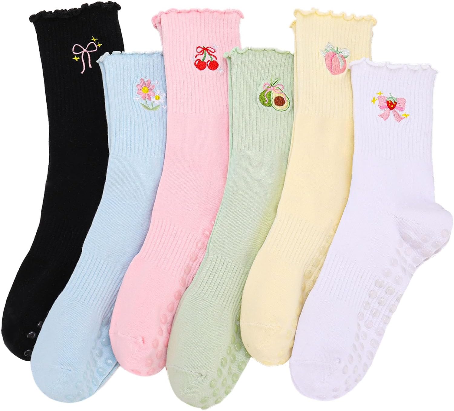 6 Pairs Women Pliates Socks, Cute Non-Slip Ruffle Yoga Sock, Grippy Socks for Pliates Barre Ballet Workout Hospital