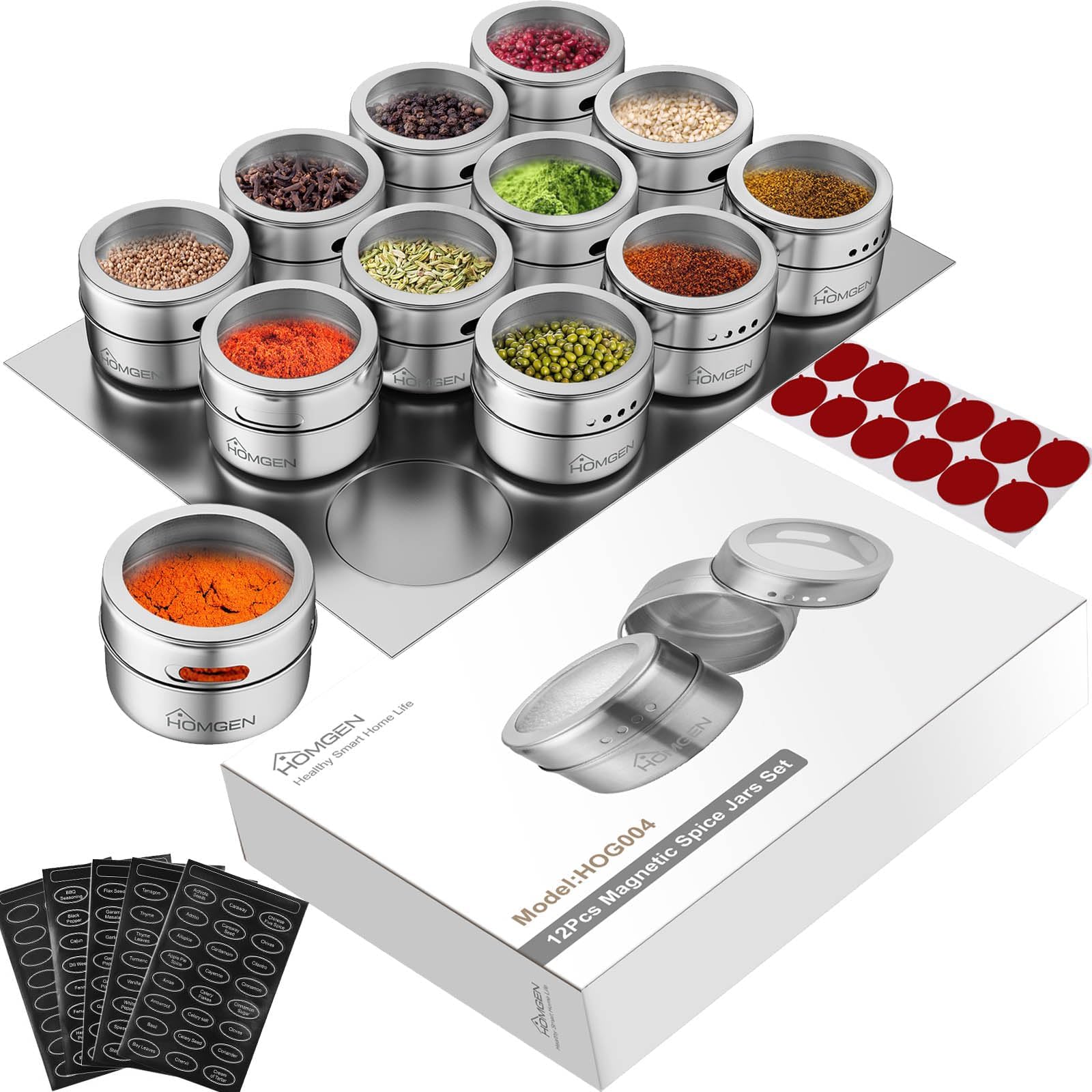 HOMGEN Magnetic Spice Jars 12-Pack - 3.4oz Stainless Steel Spice Containers with Magnet Strong Hold- Includes Labels & Chassis for Fridge/BBQ/Camping, Space-Saving Kitchen Organizer for Pantry & RVs