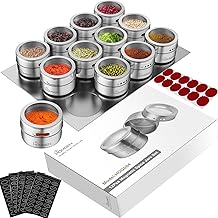 Magnetic Spice Jars Containers Set,HOMGEN 12PCS Popular Stainless Steel Magnetic Spice Jars Set 100ml Magnetic Spice Jars BBQ Spice Storage Containers Set with Lids and Chassis for Kitchen etc