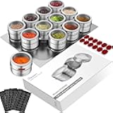 HOMGEN Magnetic Spice Jars 12-Pack - 3.4oz Stainless Steel Spice Containers with Magnet Strong Hold- Includes Labels & Chassis for Fridge/BBQ/Camping, Space-Saving Kitchen Organizer for Pantry & RVs