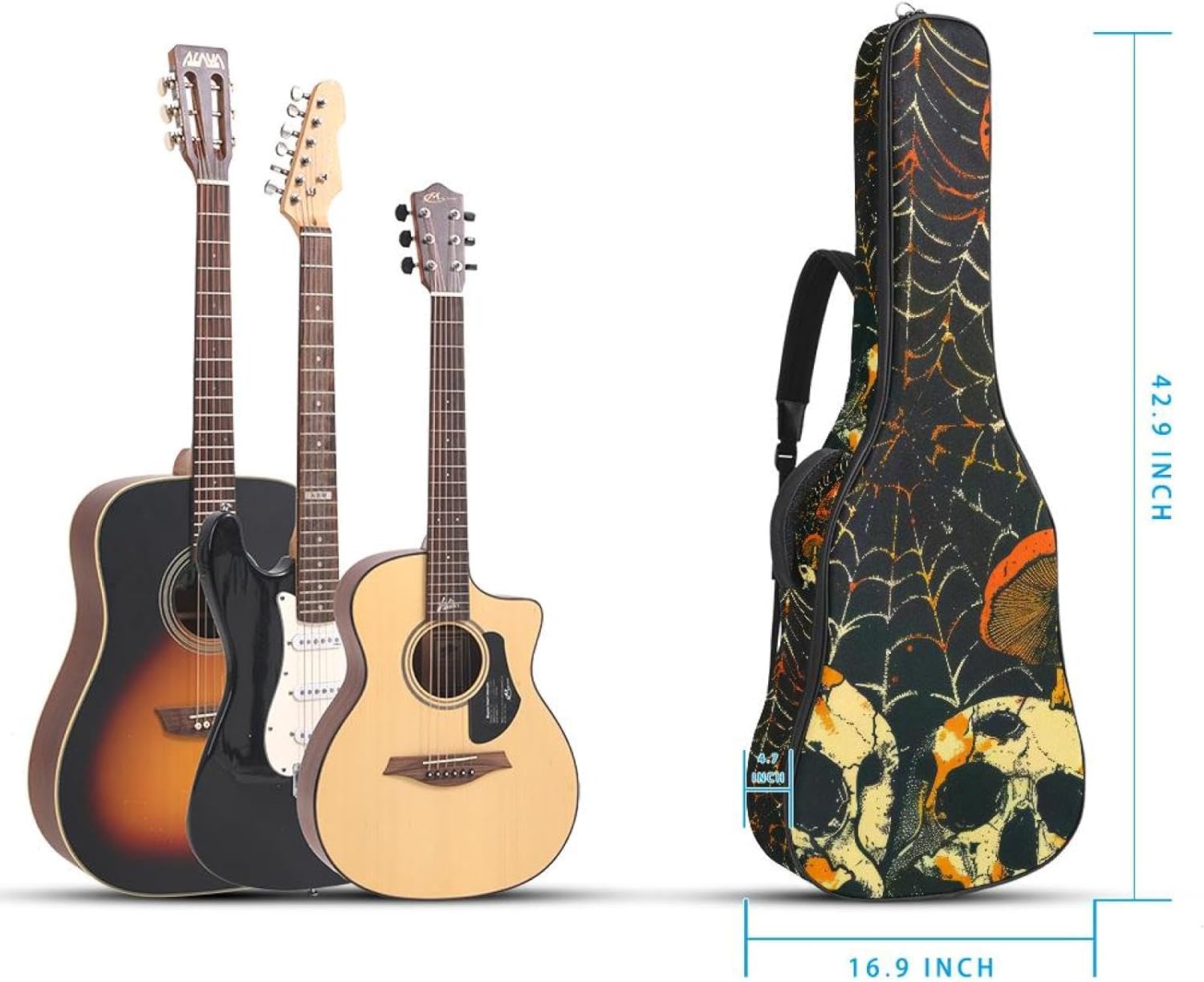 Acoustic Guitar Gig Bag 10mm Thick Padding, Soft Waterproof Guitar Case with Adjustable Backpack Straps for 40-42 Inch Guitar, Skulls Mushroom Web