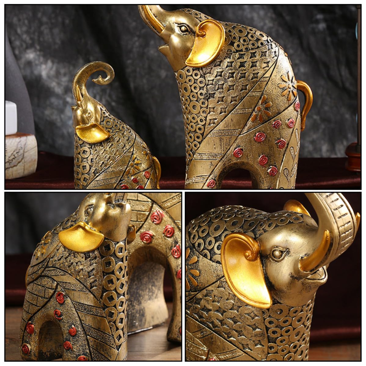 Set 2 Pezzi Elefanti in Resina Oro Decorativi Non Sbiadenti, Statuette Eleganti e Naturali per Decorazioni Casa e Ufficio, Ornamento Portafortuna Artistico