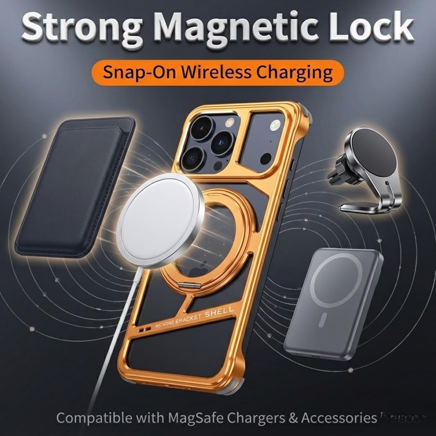 Metal Frameless Case for iPhone 17 Pro Max/17 Pro/17, Electroplated Skeleton Hollow Heat Dissipation, Compatible with MagSafe, Shock Absorbing Silicone Pads, Aluminum Armor(Black,17)