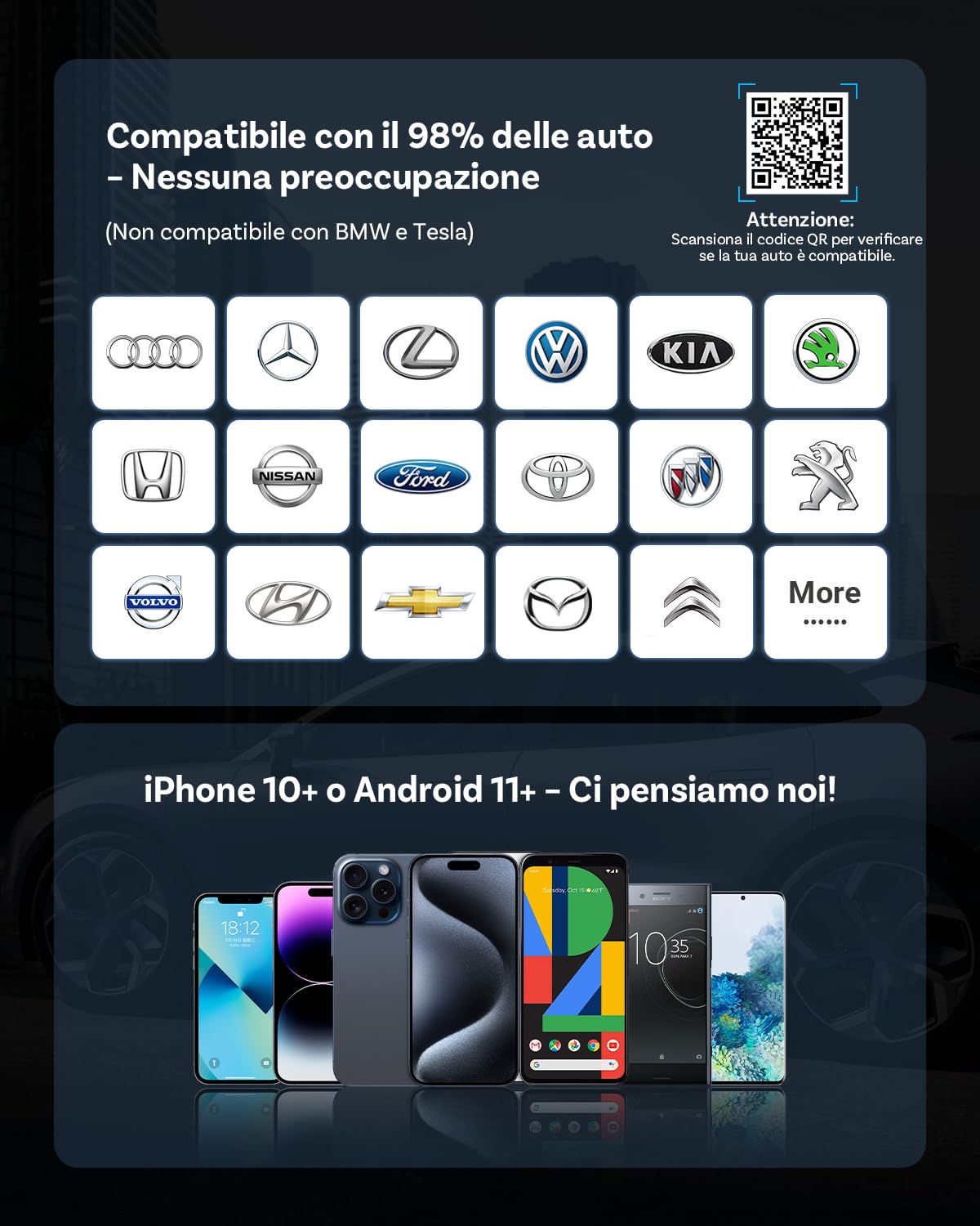 Aggiornato 2025-2-in-1 Adattatore Wireless CarPlay e Android Auto, OTTOCAST MINI compatibile con iOS 10+ e Android 11+, Converte CarPlay cablato in Wireless, Compatibile con USB-A e USB-C(Nero)