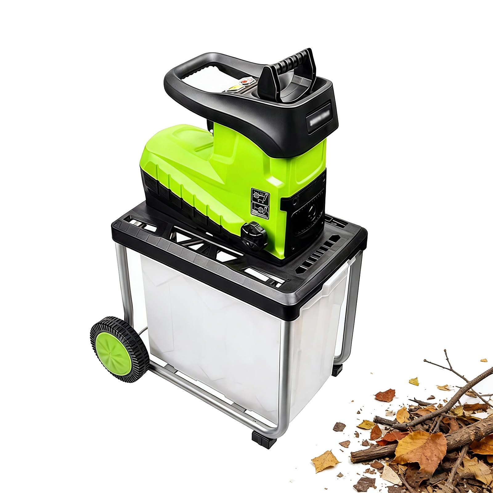 Trituradora eléctrica de jardín, trituradora de madera de 2800 W con ruedas, interruptor de seguridad, caja de colección de 60 L, aplasta hasta 45 mm, nivel de ruido de 92 dB para limpieza de desechos
