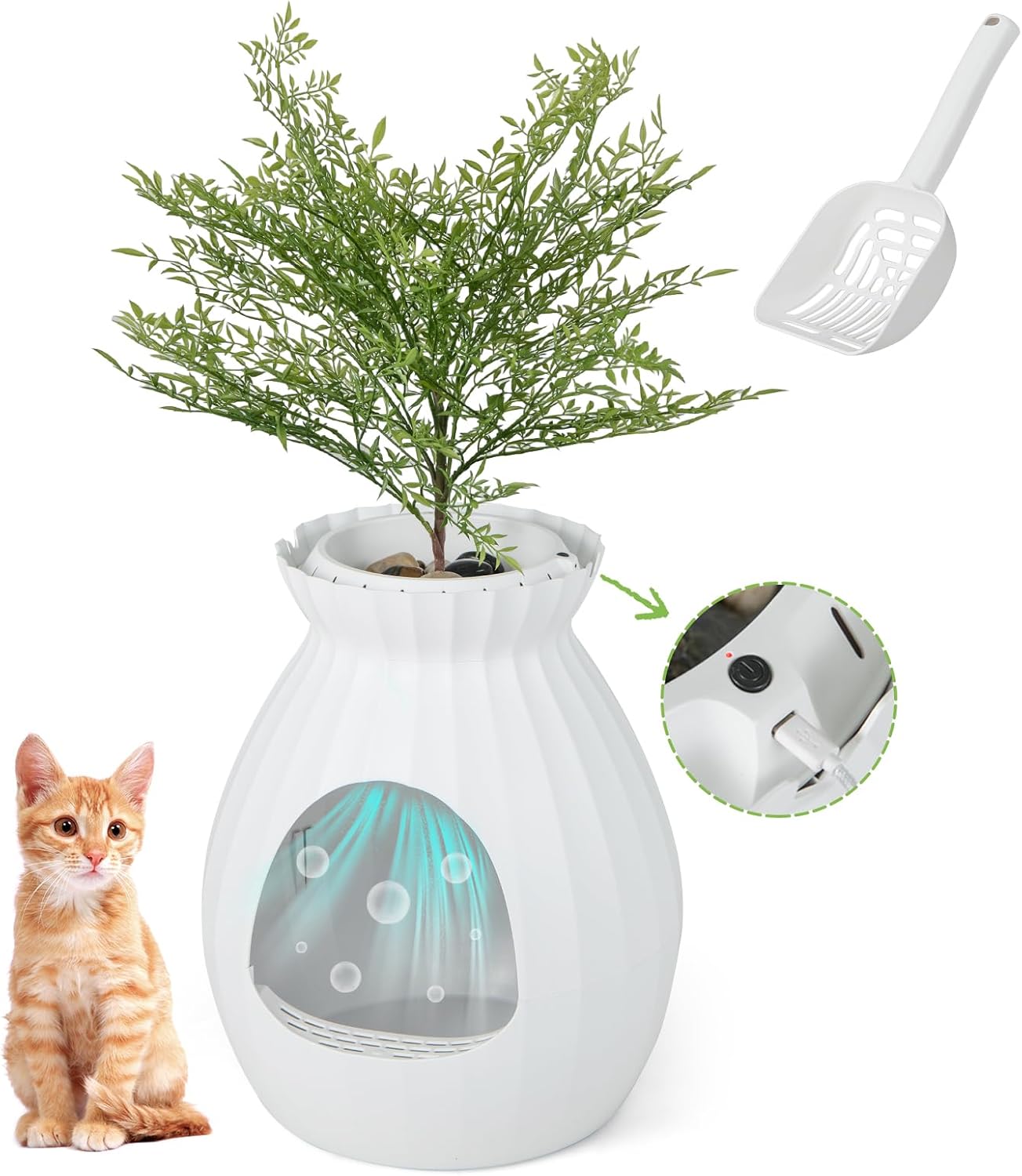 PETSITE White Plant Litter Box, Cat Hidden Litter Box Enclosure with Artificial Plant, Advanced Odor Removal System, Detachable Door Curtain, Cat Litter Scoop, Large Planter Litter Box