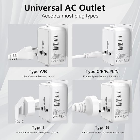 Universal Travel Adapter Worldwide Multi Plug, Travel Adaptor All in One Universal Charger Power Adapter with 1 Universal AC Outlet 4 USB Ports (2 USB C) for EU US UK AUS Multi Countries