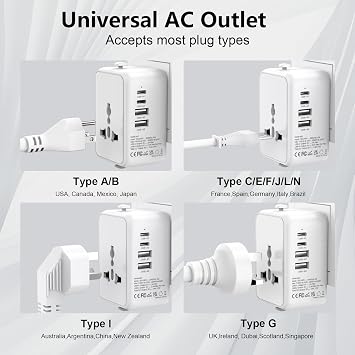 Universal Travel Adapter Worldwide Multi Plug, Travel Adaptor All in One Universal Charger Power Adapter with 1 Universal AC Outlet 4 USB Ports (2 USB C) for EU US UK AUS Multi Countries