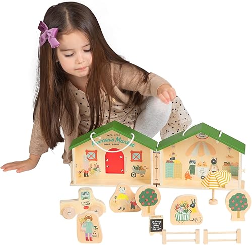 Miniatura 6 de Manhattan Toy Farmer's Market Day - Figura de juguete de madera portátil de 12 piezas