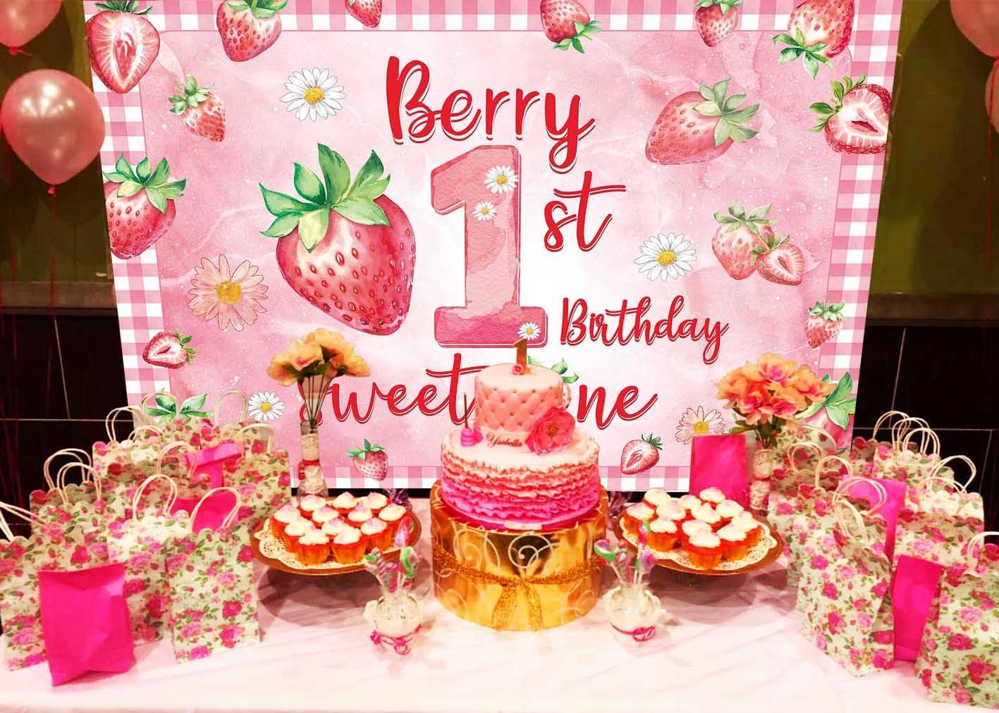 Berry First Birthday Backdrop Banner 8x6ft Strawberry 1st Birthday Photography Background Strawberry Shortcake Sweet One Berry Party Decoration Photo Booth Studio Props