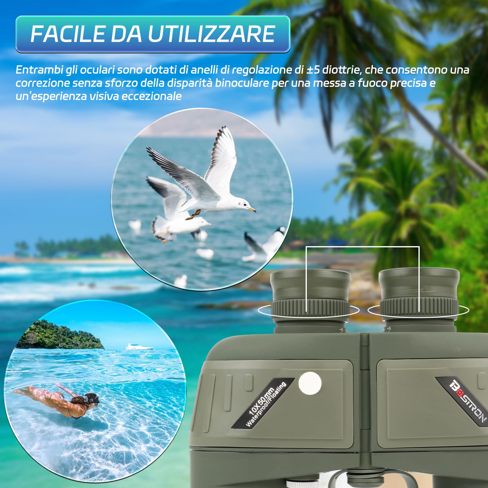 Binocolo Marino 10x50 per Adulti, Impermeabile IPX7 | Prisma BAK4 Lenti FMC, Binocolo Militare Professionale con Telemetro per la Navigazione Birdwatching Caccia - Green
