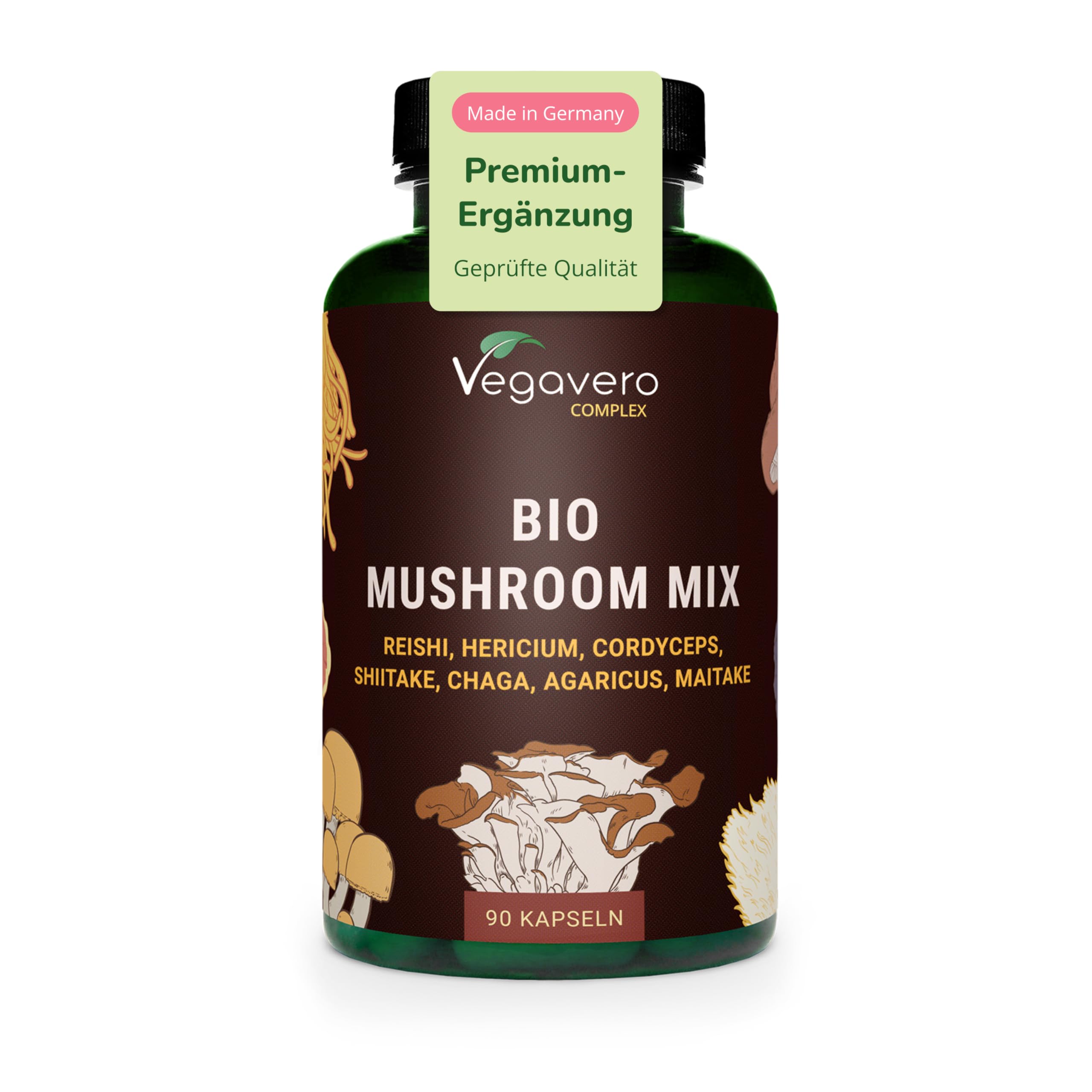 Vegavero Bio Pilz Komplex Hochdosiert - 90 vegane Kapseln - 1300 mg 7 Vitalpilze Extrakte - Reishi Lions Mane Cordyceps Chaga Shiitake Maitake Agaricus - 490 mg Polysaccharide & Beta-Glucane