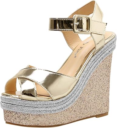 Sandalias con Pulsera para Mujer Tacones De Cuña Correa Cruz De Tobillo  Zapatos con Punta Abierta Zapatos Cómodos Sandalias Verano Romanas  Multicolor Beige JORICH (Oro, EU:36 23cm/9.1\