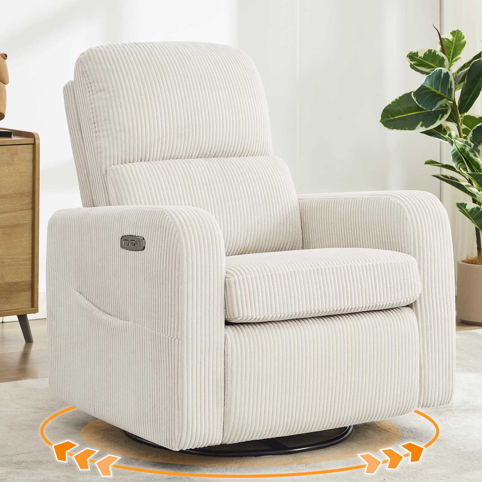 AEMEIOS Swivel Rocker Recliner, Oversized Power Recliner Glider with Removable Cushion, Upholstered Swivel Reclining Nursery Chairs for Living Room