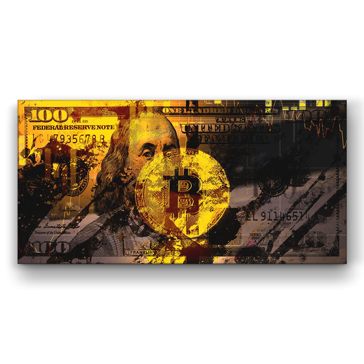 SuccessHunters 100 Dollar Bill Bitcoin Wall Art Canvas Office Decor, Cryptocurrency Print, BTC Crypto Print, 100 Dollar Bill Money Art, Bitcoin Coin Sign, Blockchain Artwork (5"x7" / 8"x8")