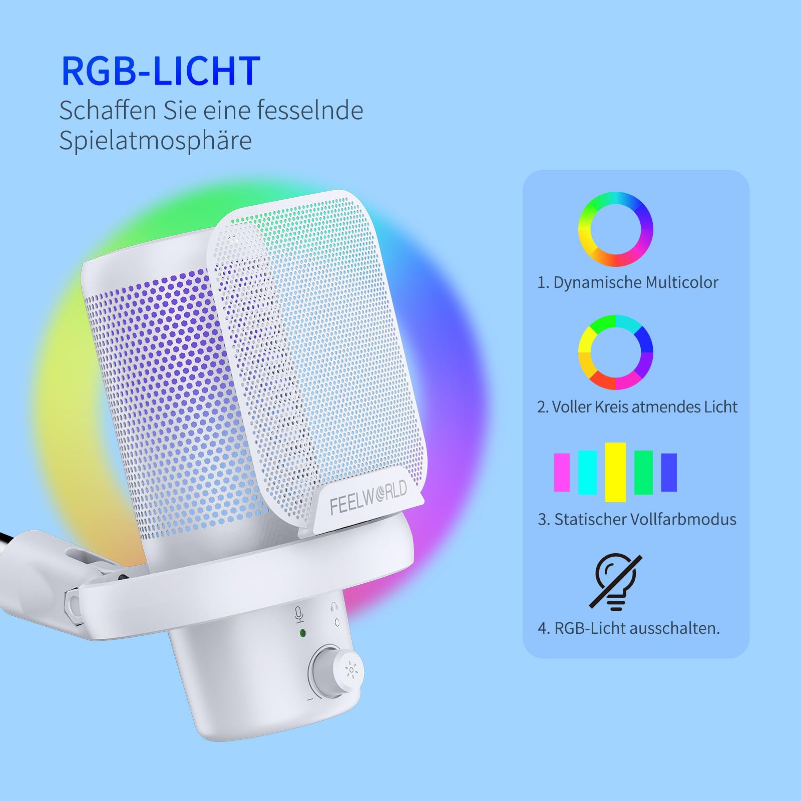 FEELWORLD VM1 USB-Gaming-Mikrofon mit Kragarmständer für die Aufnahme von Podcasts, Videospielen, Studio-PC-Mikrofon, weiß mit Nierencharakteristik, RGB-Beleuchtung, Anti-Spray-Mesh