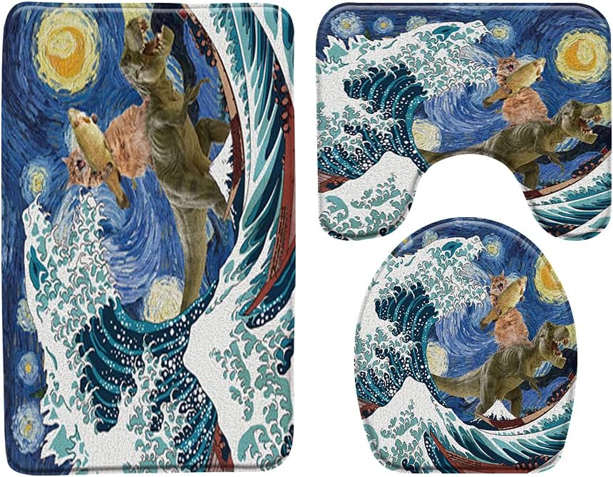 GCTNBJL Funny Cat 3 Piece Bath Mat Sets,Kitten Dinosaur Great Wave Strarry Sky Oil Painting Dino Blue Bathroom Memory Foam Rug,17.8"x29.5"Bath Mat,Toilet Seat Cover,U-Shaped Toilet