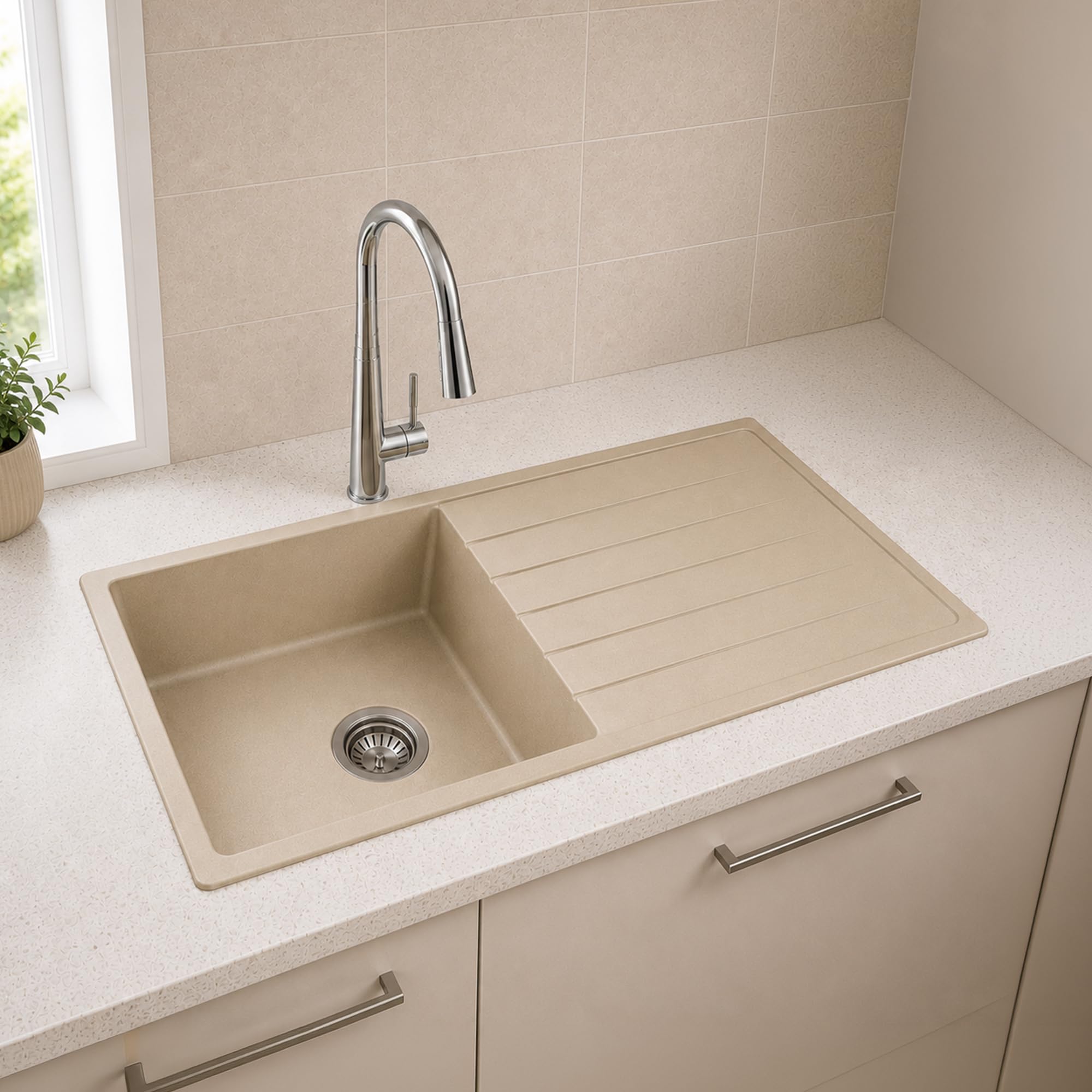 Carissa By Carysil™ GraniteLux Quartz Kitchen Sink 40 x 20 x 8 inches, Single Bowl with Drain Board, 80% Quartz & 20% Resin, Heat Resistant 300°C, 50kg Load Bearing, Stain Resistant - Off White-image-15