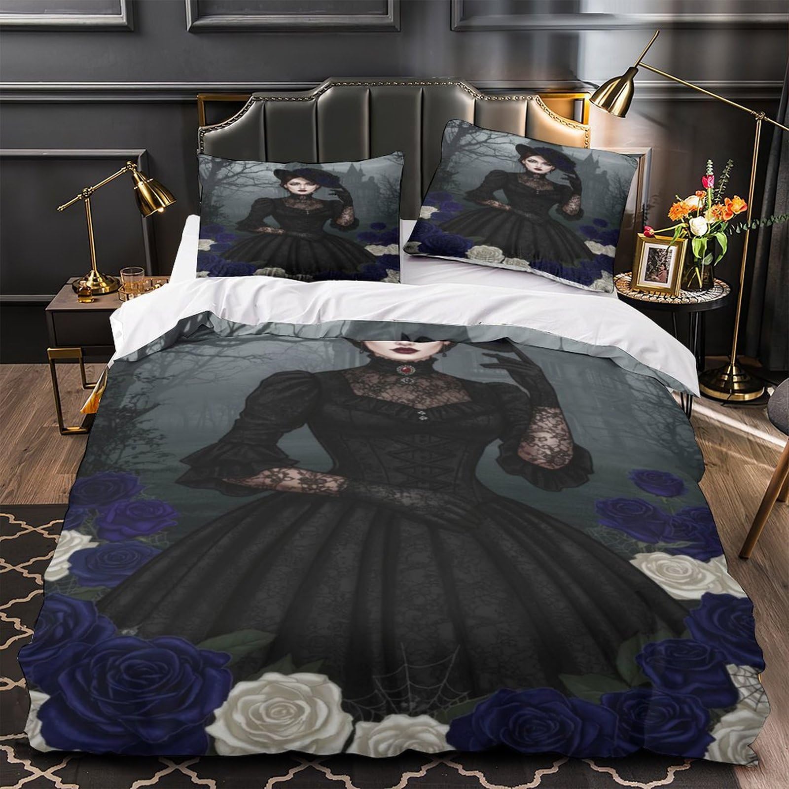 Parure de lit gothique 140x200cm housse de couette dark fantasy microfbre