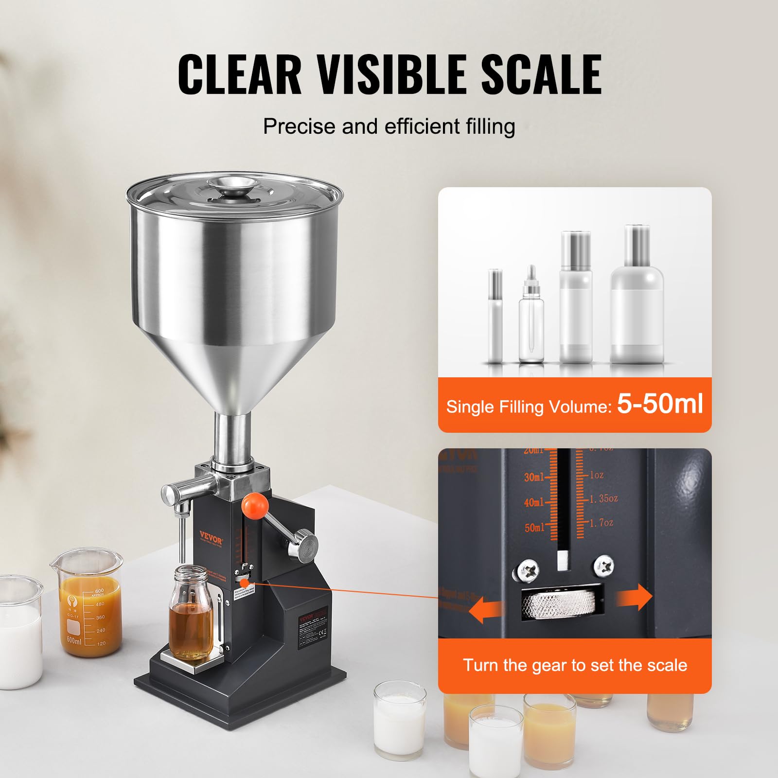 VEVOR Manual Paste Liquid Filling Machine, 5-50ml Adjustable Bottle Filling Machine, Stainless Steel Liquid Filler with 10L Hopper for Milk Water Juice Essential Oil Shampoo Cosmetic Honey