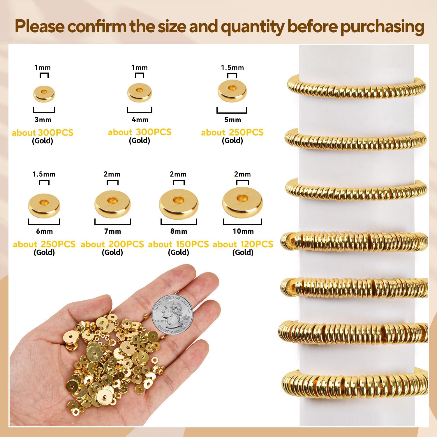 300Pcs 18K Gold Filled Flat Round Spacer Beads, Tiny Rondelle Coin Disc Loose Beads for Jewelry Findings Making, Small Handmade Beads for DIY Bracelet Necklace Earring Bulk Making Supply (3mmGold) - Image 2