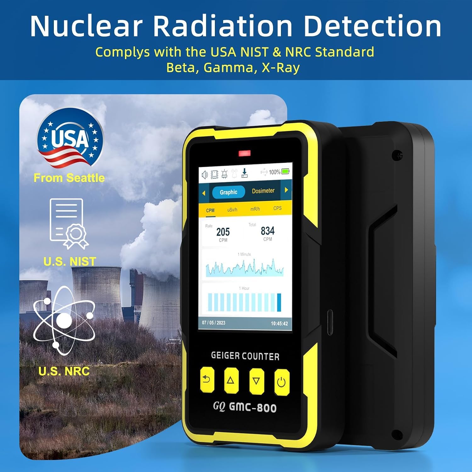 Nuclear Radiation Detector GQ GMC-800 USA Design Product US National Standard Large Color LCD Display 5 Alarm Types Dosimeter Data Save & Global Share Beta Gamma X-ray Portable Multifunction Device — Amazon image 3