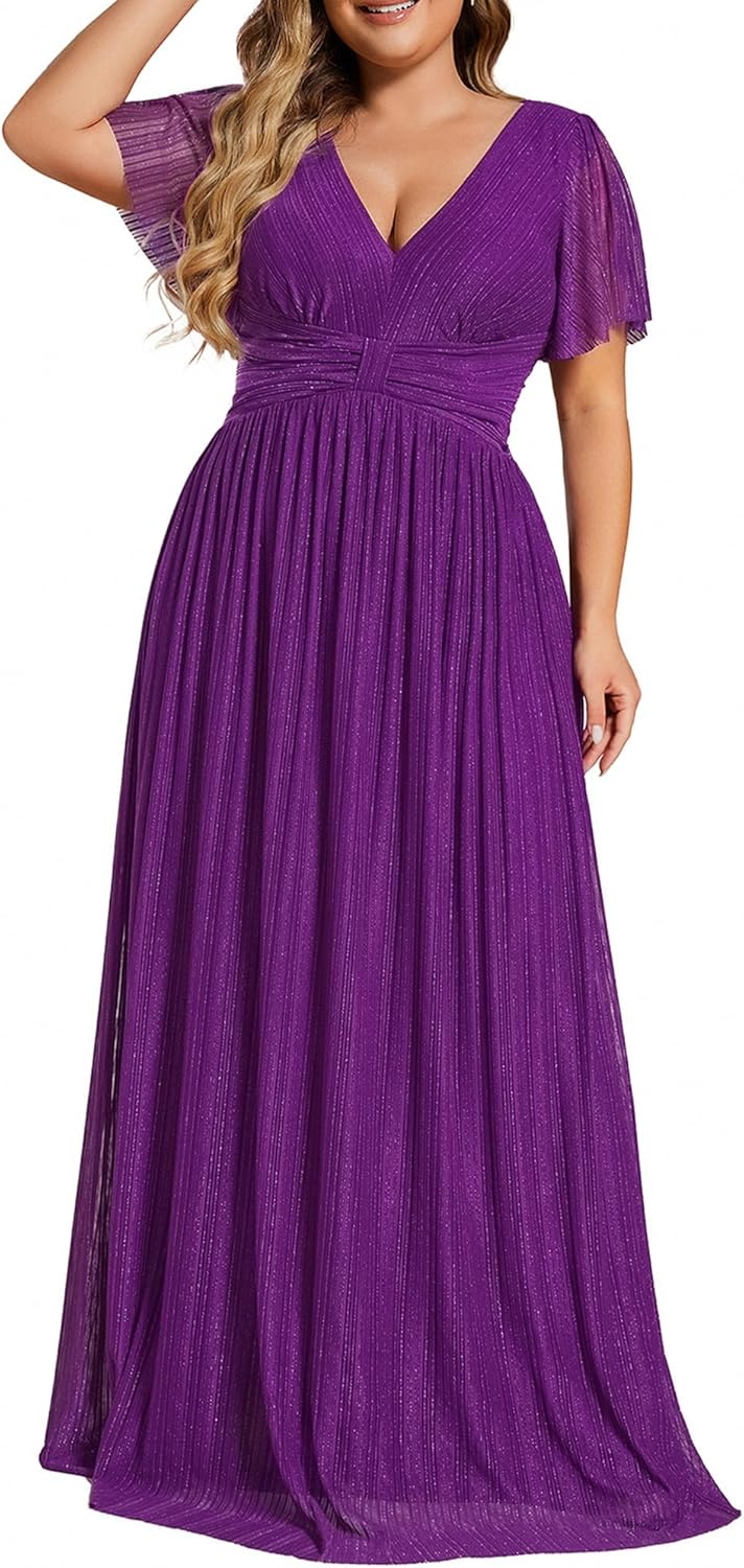 Ever-Pretty Women's A Line V Neck Glitter Short Sleeves Pleated Plus Size Formal Evening Dresses 11961-DA