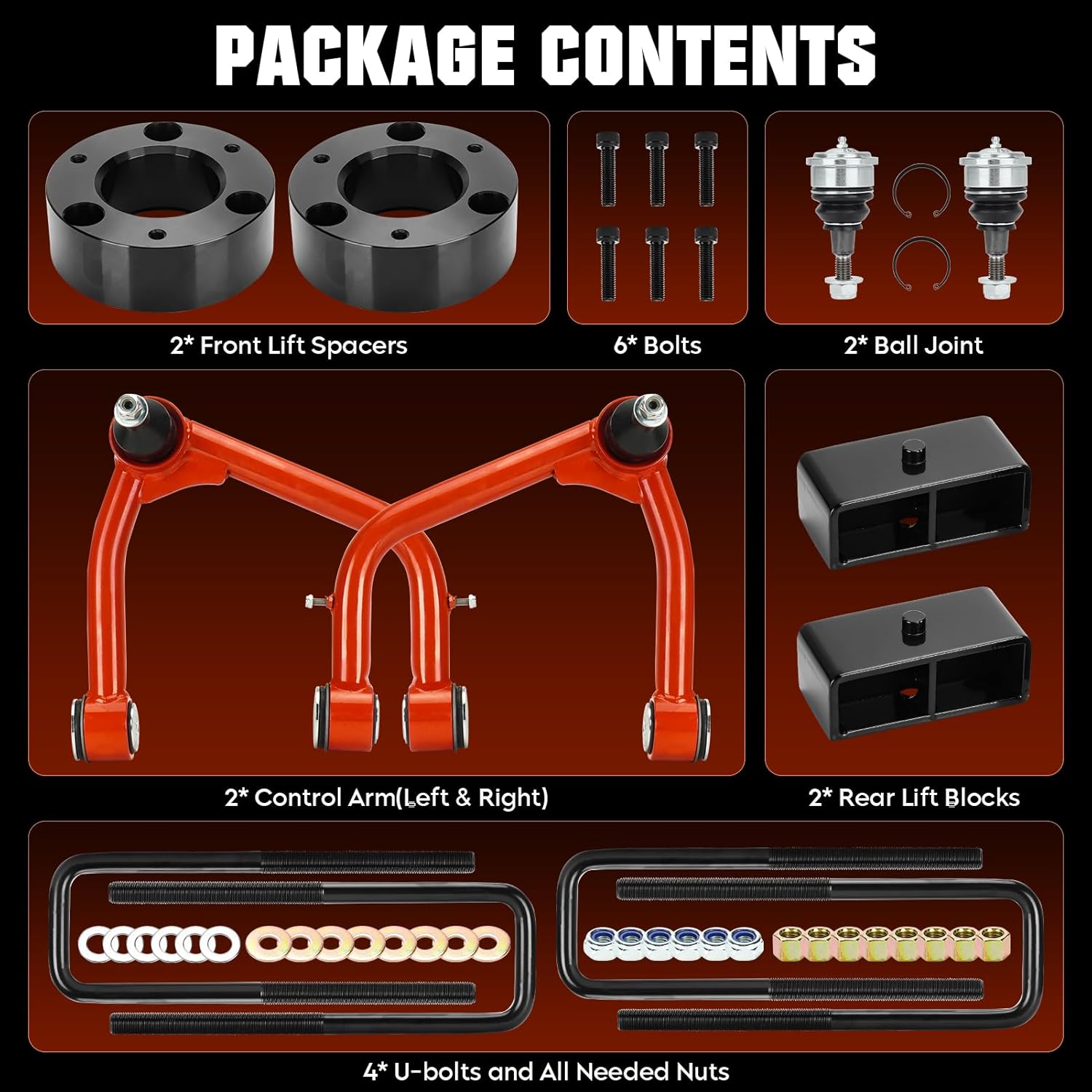 Lift 2-4" Front Upper Control Arms with Ball Joint & 3 Inch Front 2 Inch Rear Blocks Leveling Lift Kit for Chevy Silverado 1500 for GMC Sierra 1500 2019 2020 2011 2022, Adjustable Suspension Kit