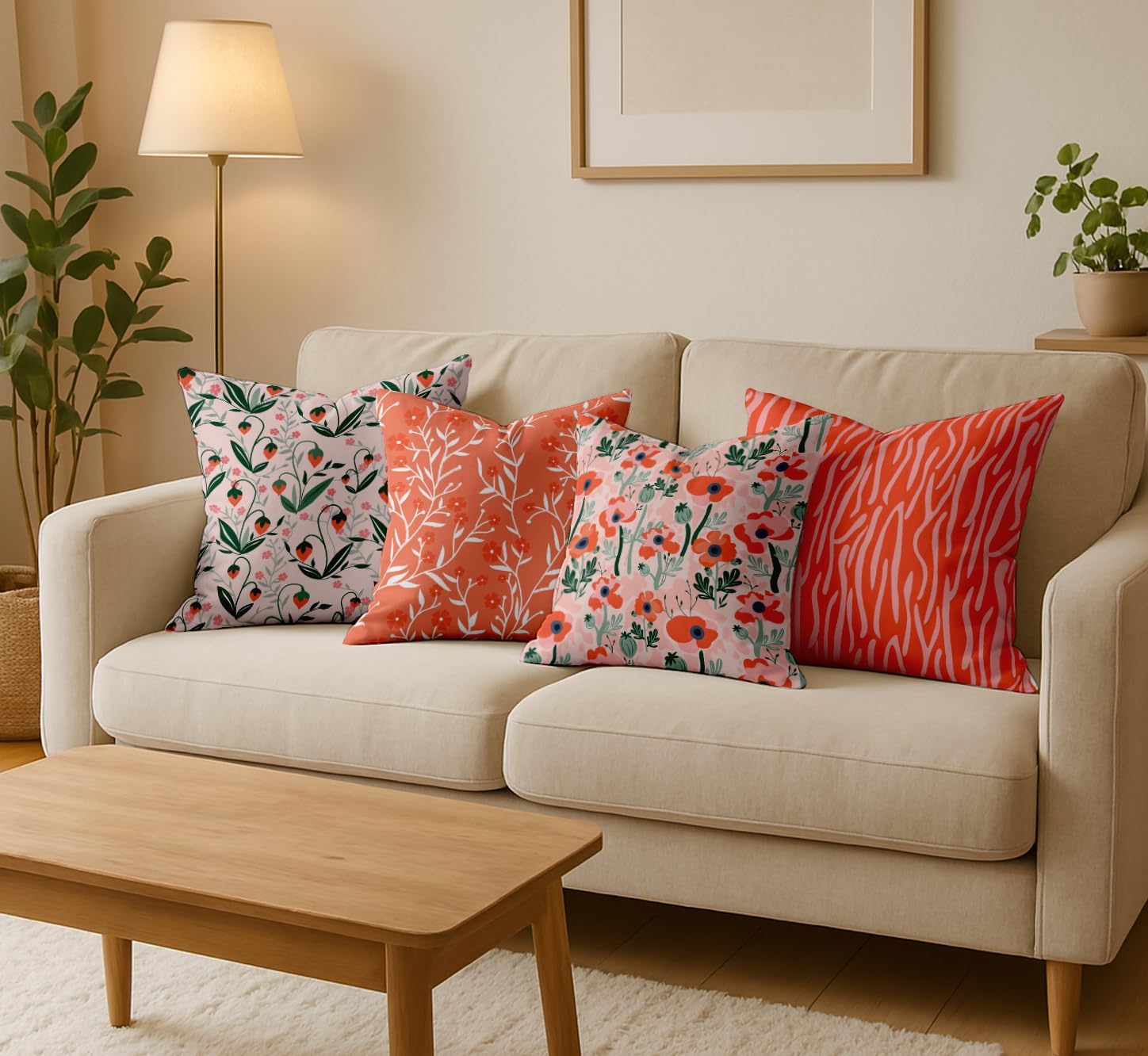 Cotton Cushion Covers Set of 4-16x16 Inch, Floral Print, Double-Sided Printed Throw Pillow Covers with Hidden Zipper - No Filler - Orange