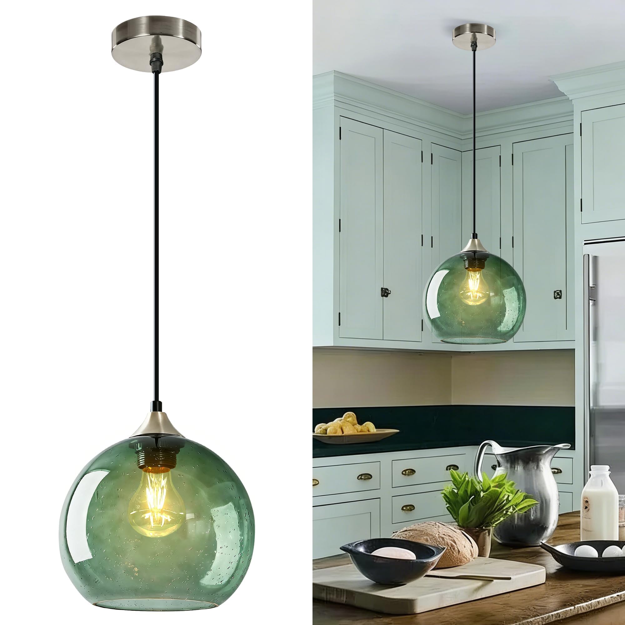 Bravsekai Large Gray Green Glass Pendant Light for Kitchen Island, Includes Extra Bulb &1.5m Adjustable Cord, Modern Pendant Lighting Fixtures for Kitchen, Dining Room, Living Room(23cm, 1-Pack) — image 1