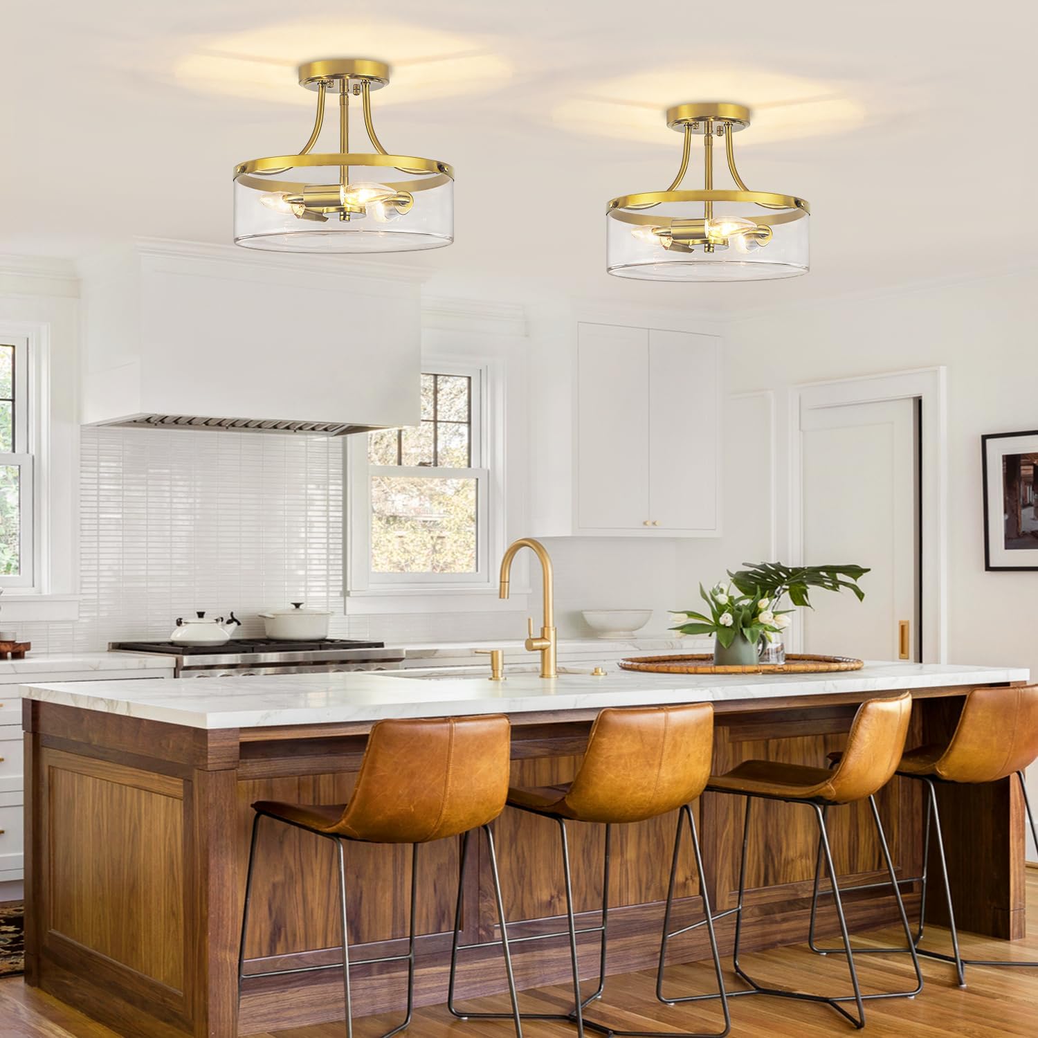 Brushed Gold Semi Flush Mount Ceiling Light, 11.81" Kitchen Lighting Fixtures Ceiling with Glass Shade, 3-Light Modern Hallway Light Fixtures for Entryway Bedroom Bathroom Foyer Laundry Dining Room