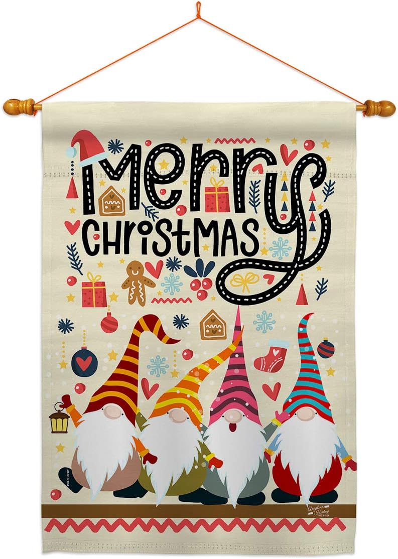 Christmas Gnome House Flag Dowel Set Wintertime Santa Marry Xmas Present Reindeer Season Snow Small Decorative Gift Yard Banner Made In USA 28 X 40
