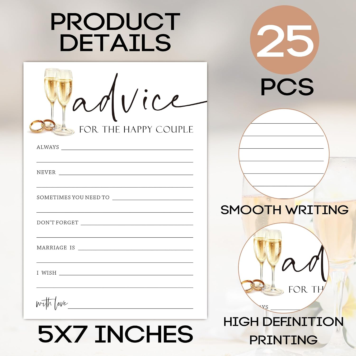 Bridal Shower Games Cards - 25 Pack Advice for the Happy Couple Cards (5x7 Inch) - Minimalist Wedding Shower Game, Ready to Use Marriage Wishes-A05