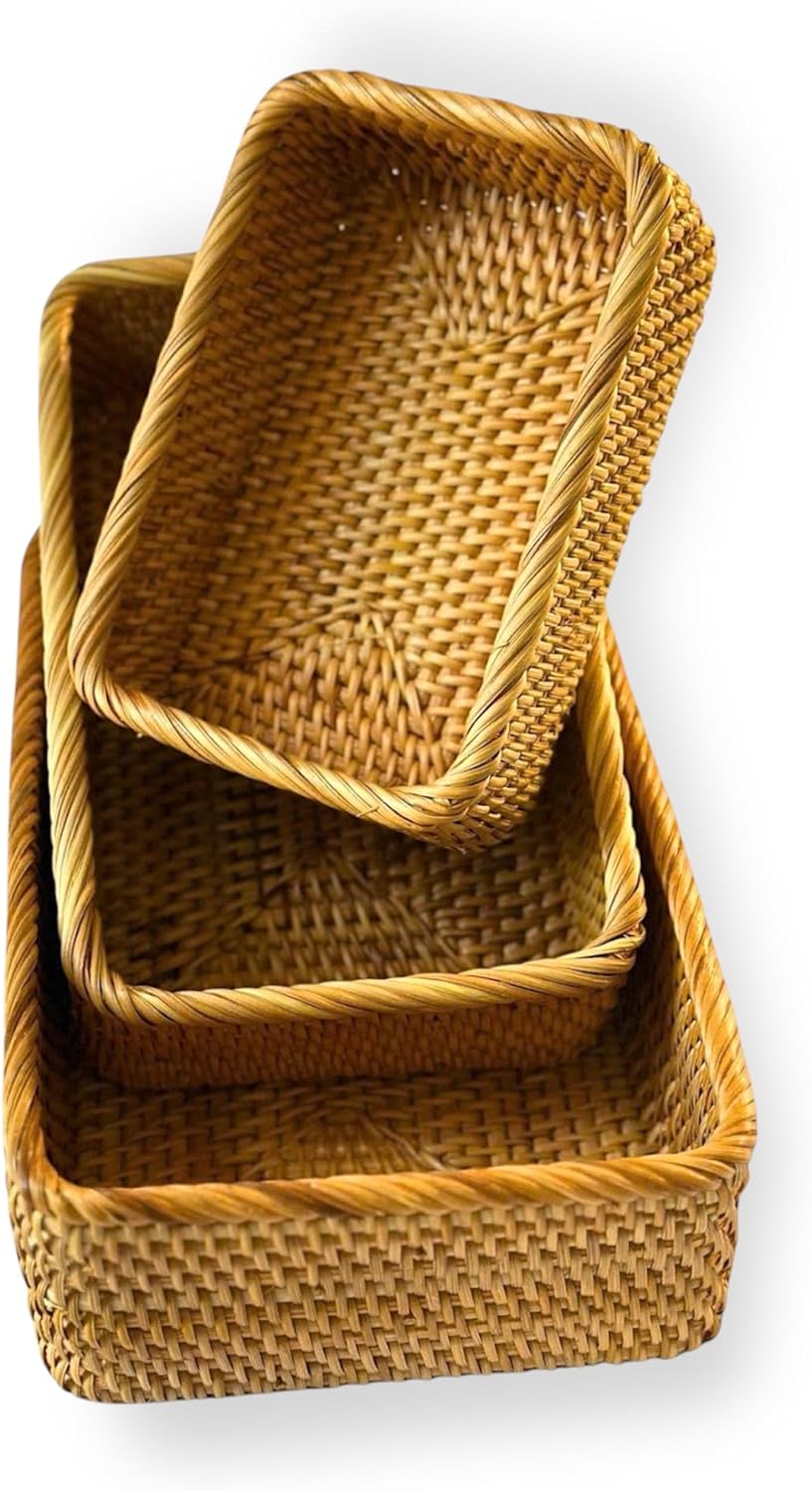 Natural Rattan Woven Baskets, Rectangular Wicker Basket for Organizing Living Room, Storage Bathroom, Kitchen Decor, Kitchen Storage, 3 Packs