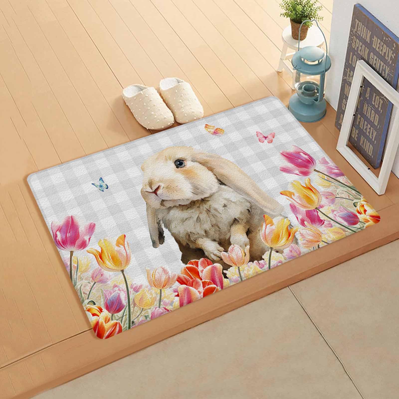 Easter Bunny Kitchen Bath Door Mat Cushioned Runner Rug,Washable Welcome Floor Sink Antifatigue Mat,Waterproof & Non-Slip Comfort Standing Doormat,Modern Abstract Painting Plaid Tulip Flower 18