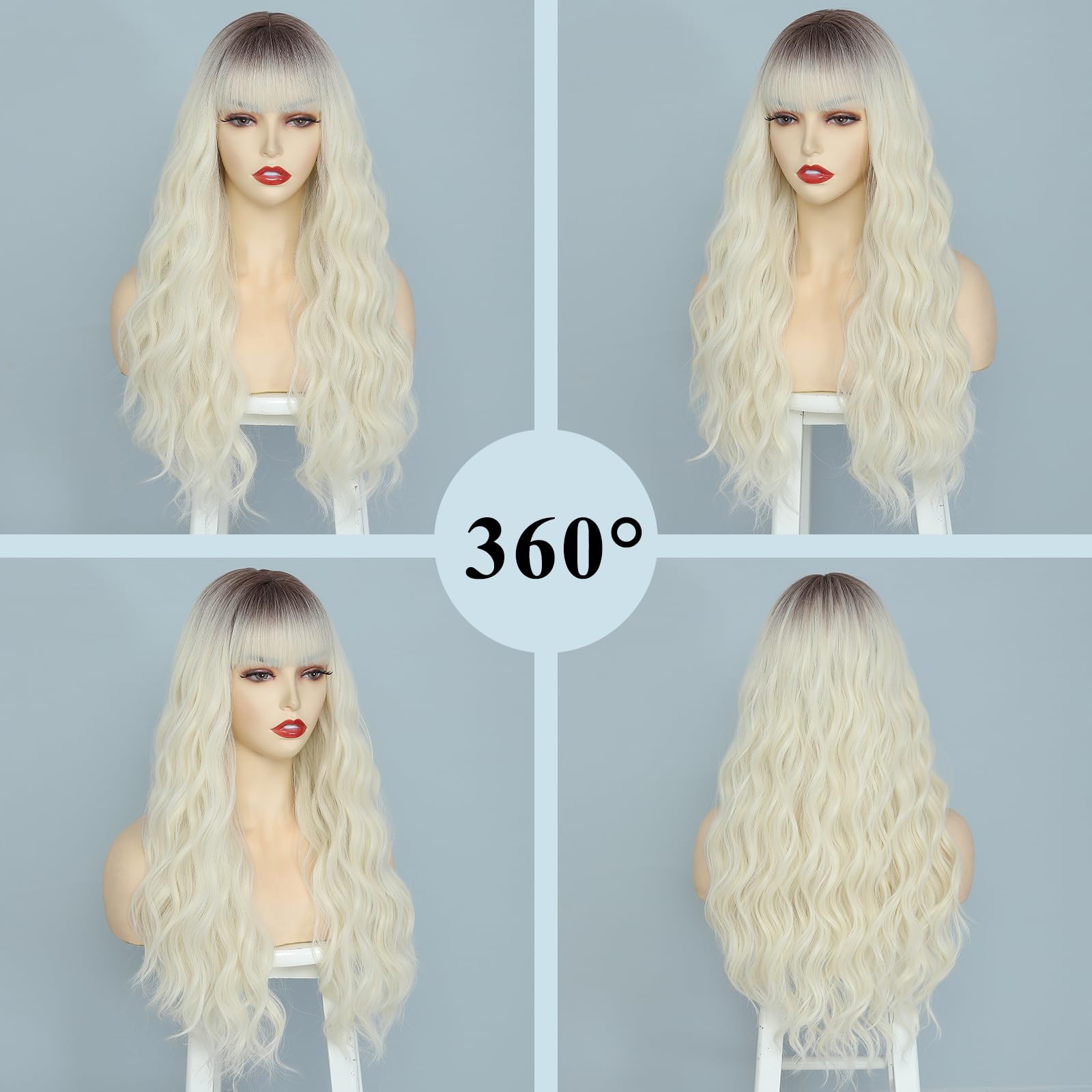 NAYOO Ombre White Wigs with Bangs for Women, 26 Inches Long Wavy Wigs Natural Looking Synthetic Hair Replacement Wigs for Daily Cosplay Party Halloween Costume??êPlatinum Blonde??ë